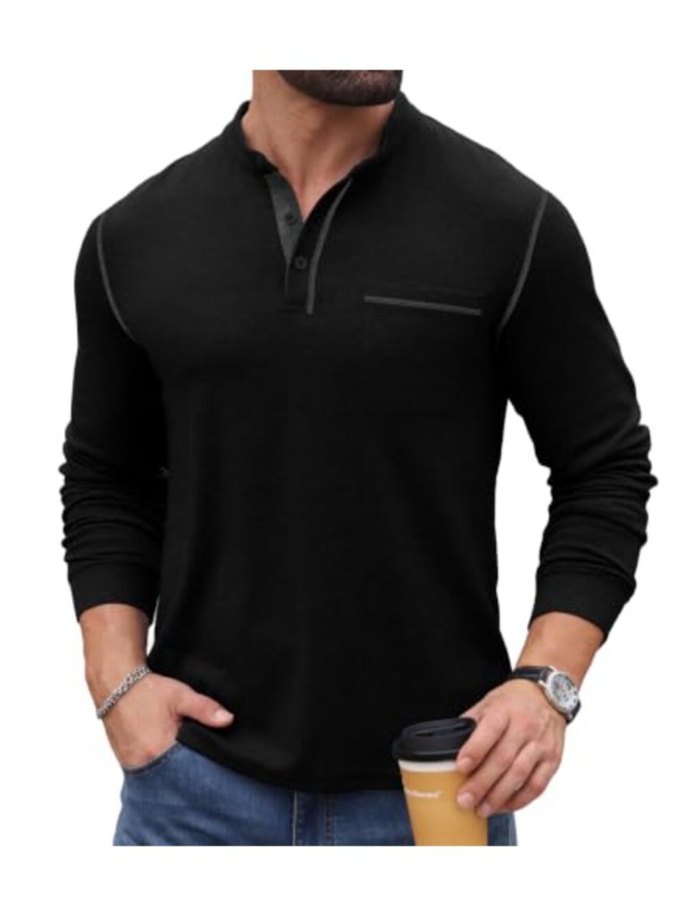 Mens Long Sleeve Henley Shirt Button Pullover with Pocket Casual